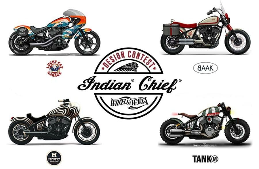 A view fo the four competition builds that are a part of the the ‘Indian Motorcycle X Wheels & Waves Indian Chief Design Competition’