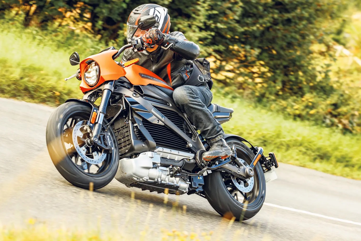 A view of a Harley Davidson LiveWire One being ridden through the countryside