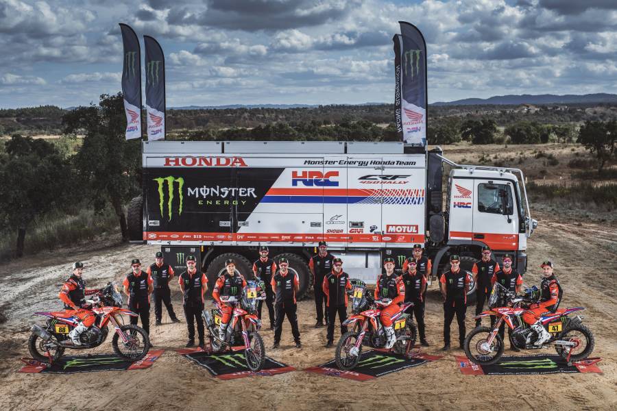 The Monster Energy Team Honda crew participating in the 2022 Dakar Rally and FIM World Rally Raid