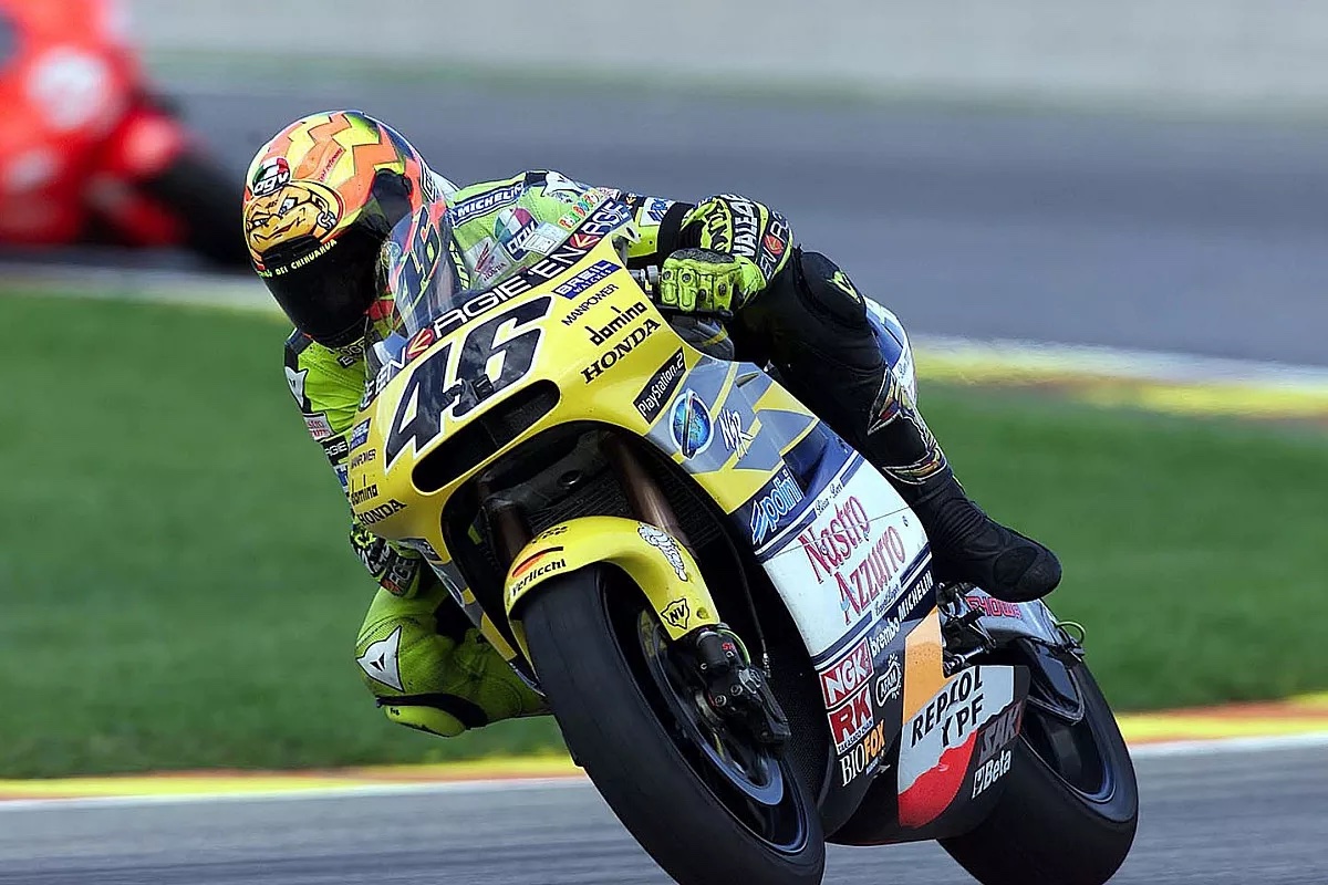 Valentino Rossi with the NSR500 - a bike that he raced back when he was a part of the Honda team in 2001