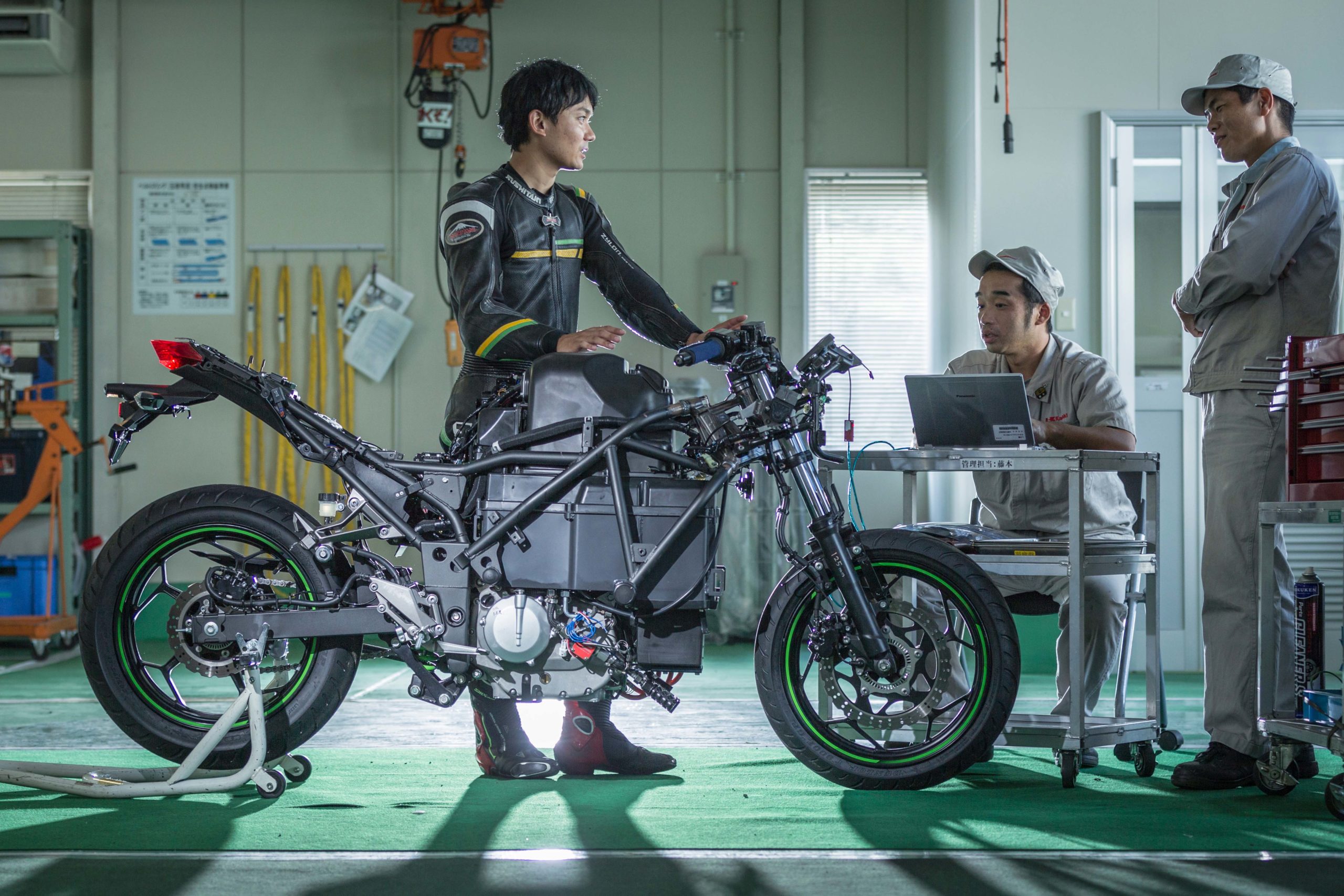 A view of the new supercharged hybrid motorcycle that Kawasaki has been working on