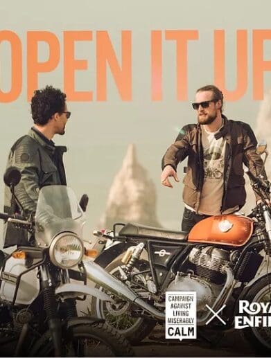 A view of the poster affiliated with Royal Enfield x CALM's charity raffle