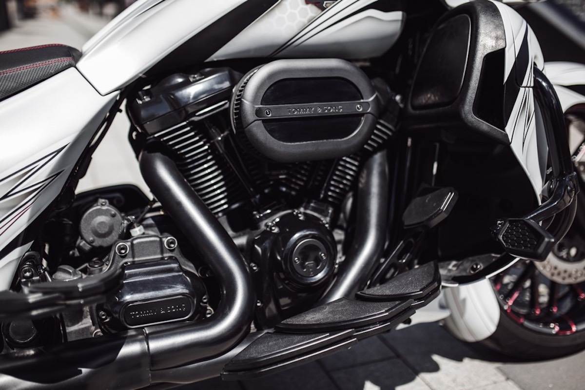 A view of the new Custom Road Glide from bike shop Tommy and Sons