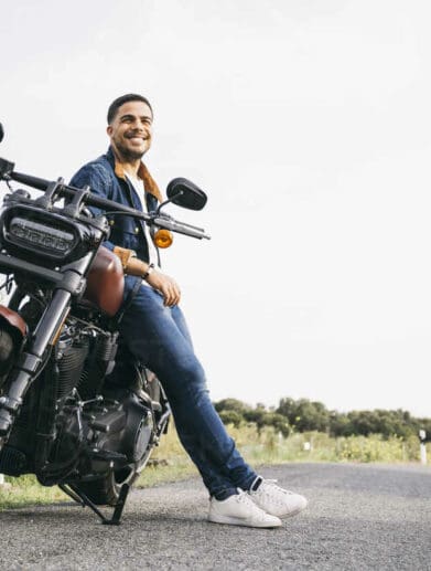 A view of a smiling motorcyclist
