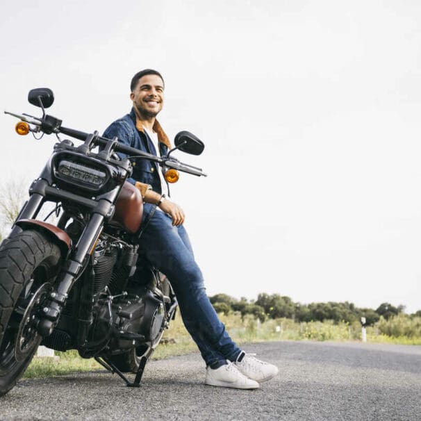 A view of a smiling motorcyclist