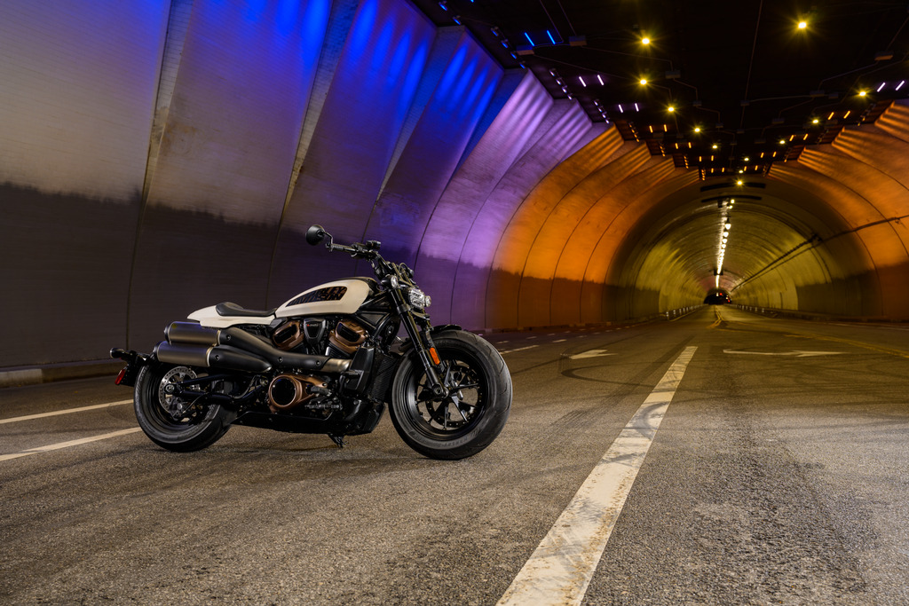 2022 Harley Davidson Sportster S in White Sand Pearl shot in a tunnel