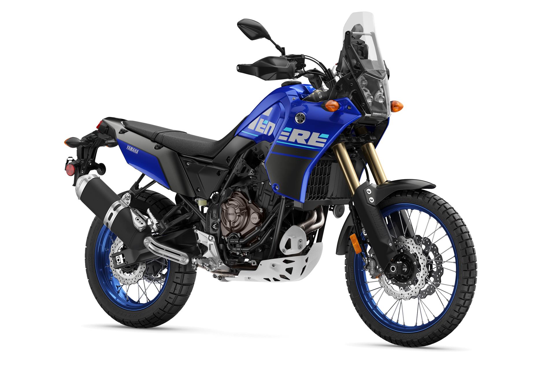 A studio shot of the 2022 Yamaha Tenere 700 in team Yamaha Blue