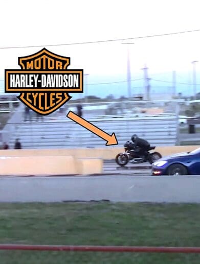 A view of a drag race between a Tesla model s plaid and a Harley-Davidson LiveWire One