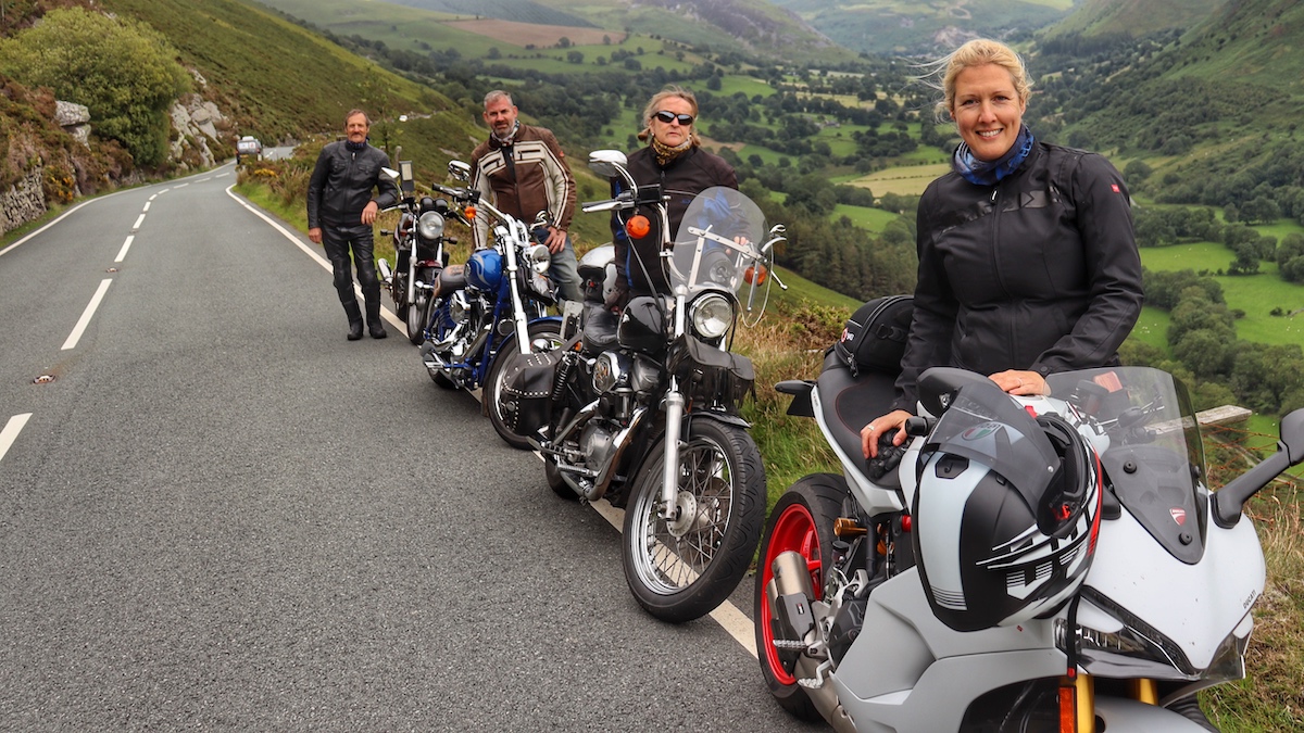 Maja Kenney from Maja's Motorcycle Adventures, on her Ducati SuperSport S with a group on a tour