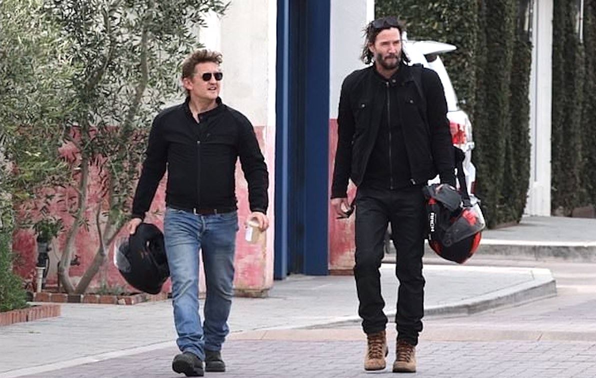 A view of Alex Winter and Keanu Reeves meeting for a cup of coffee on two arch motorcycles