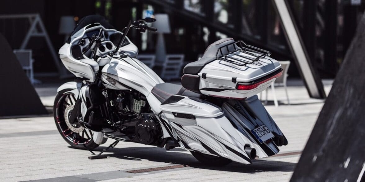 A view of the new Custom Road Glide from bike shop Tommy and Sons