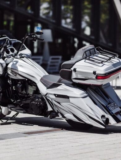 A view of the new Custom Road Glide from bike shop Tommy and Sons