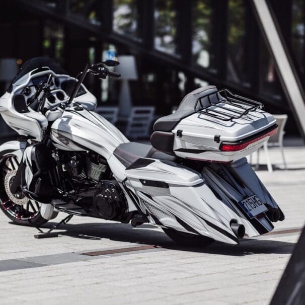 A view of the new Custom Road Glide from bike shop Tommy and Sons