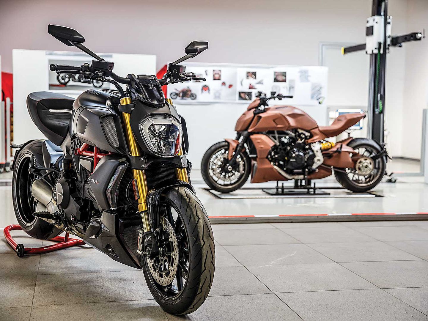 A view of the Centro Stile Ducati, with one prototype bike complete with clay bodywork and Ducati's new Diavel up on display