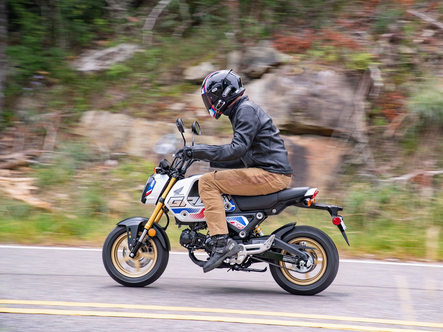 Man riding Honda MX125 Grom down road