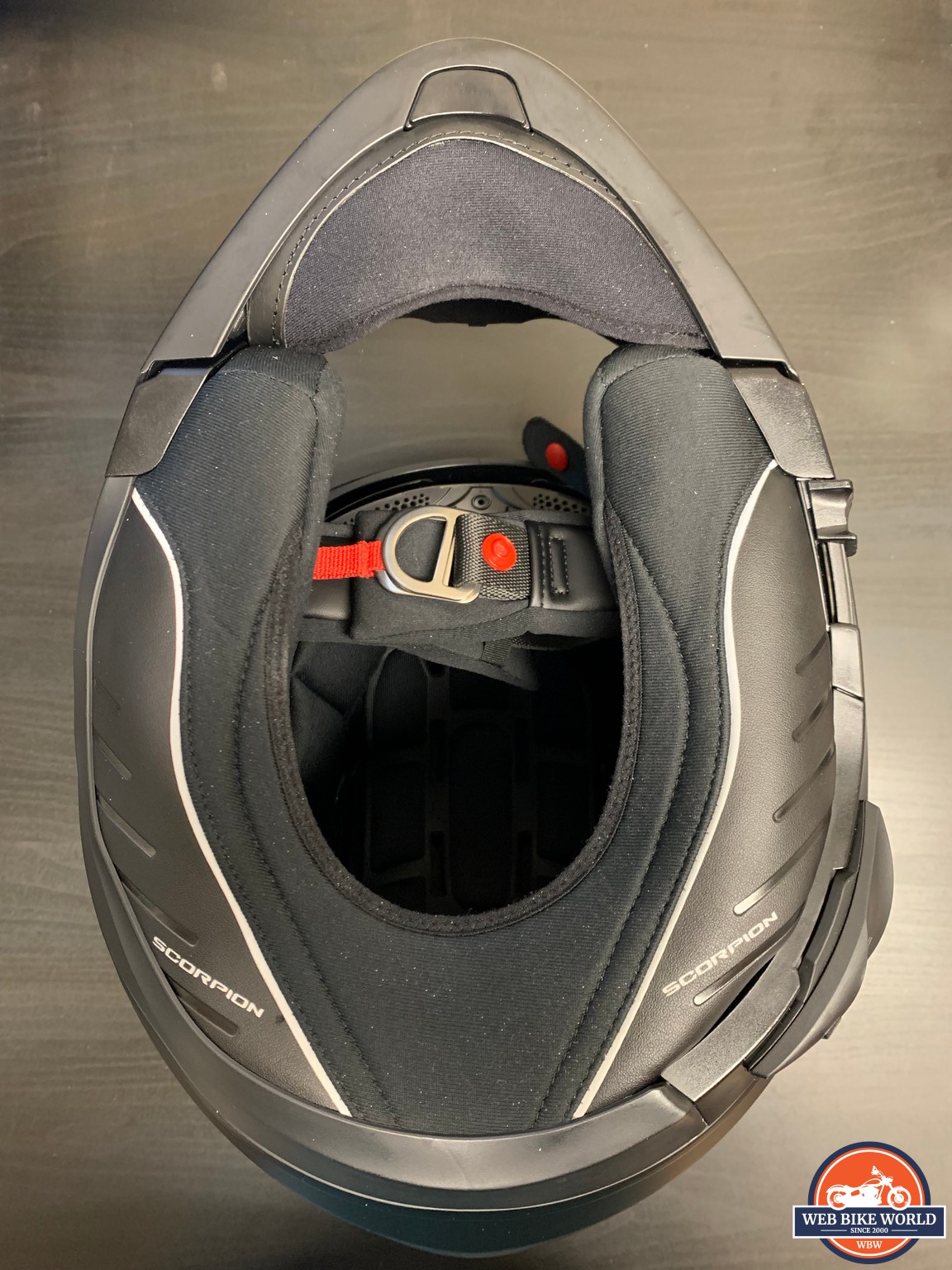 Bottom view of the EXO GT930 helmet showing interior padding