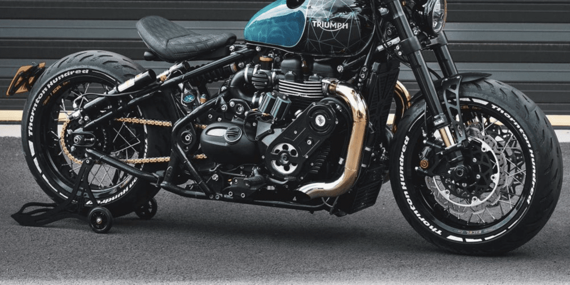 A view of the all-new custom Triumph Bonneville Bobber from the custom shop of Thorton Hundred.