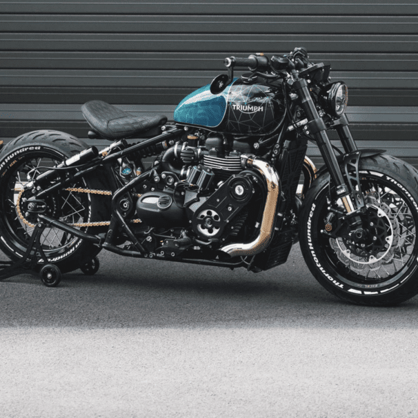 A view of the all-new custom Triumph Bonneville Bobber from the custom shop of Thorton Hundred.