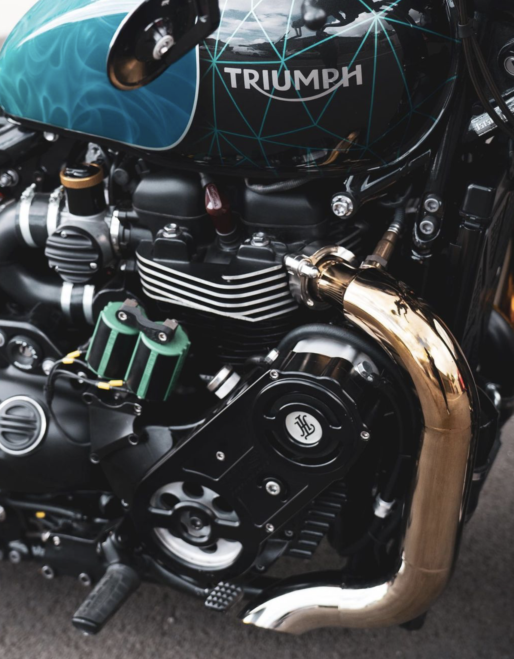 A view of the all-new custom Triumph Bonneville Bobber from the custom shop of Thorton Hundred.
