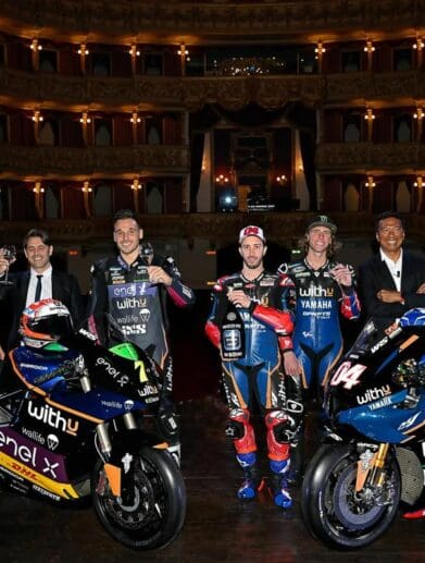 A vie of the new MotoGP machines that the WithU Yamaha RNF Team will be riding for the 2022 season in both MotoGP and MotoE classes