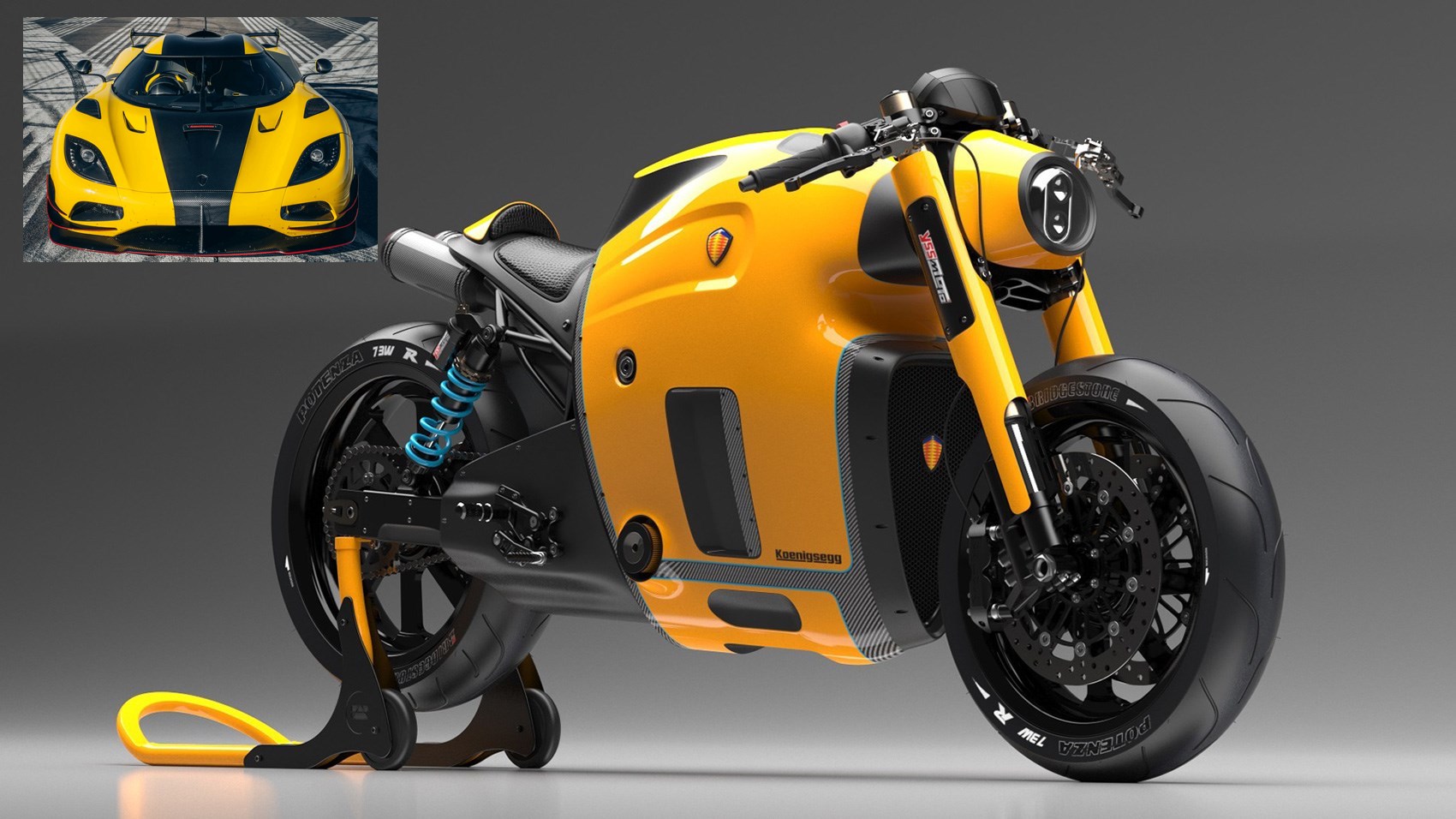 A view of a supercar-inspired motorcycle