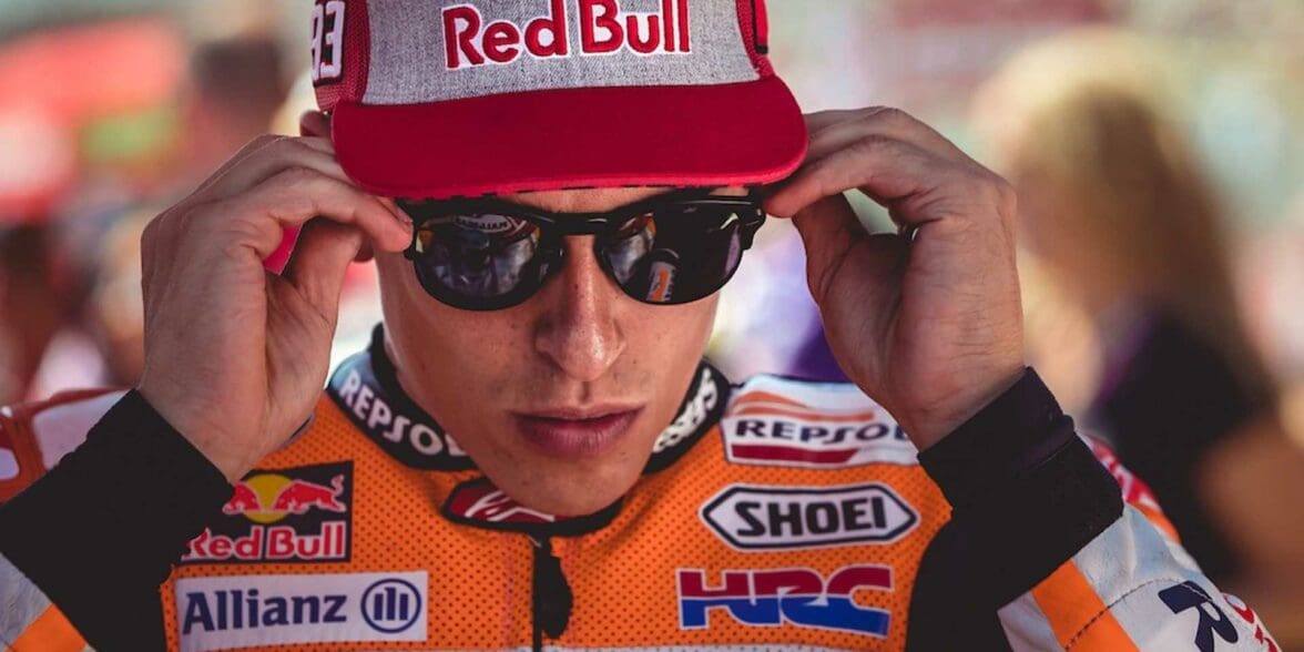 A view of Marc Marquez putting sunglasses on - presumably to aid his diplopia prognosis