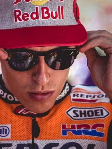 A view of Marc Marquez putting sunglasses on - presumably to aid his diplopia prognosis