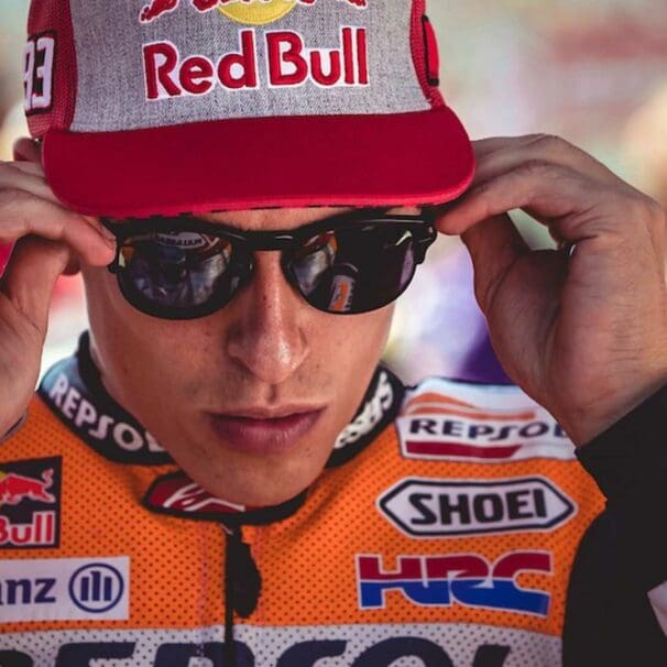 A view of Marc Marquez putting sunglasses on - presumably to aid his diplopia prognosis