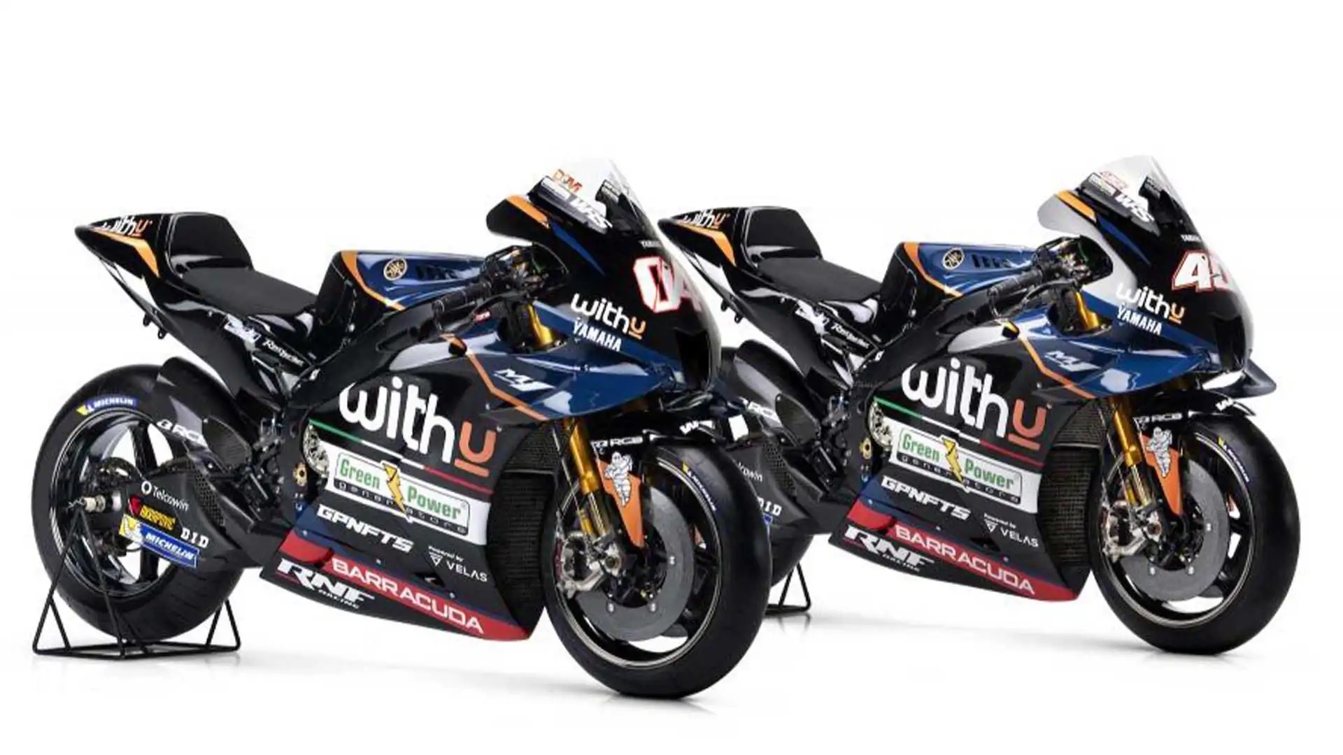 A vie of the new MotoGP machines that the WithU Yamaha RNF Team will be riding for the 2022 season in both MotoGP and MotoE classes