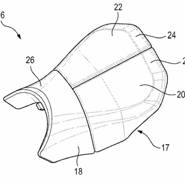 A view of the new motorcycle seat patent that BMW is making, complete with two adjustable components for height and width