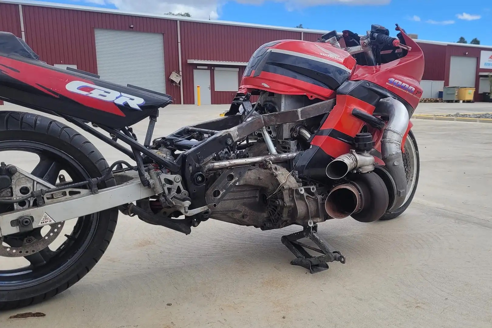 A view of a Honda CBR1000F Hurricane sporting a Honda minivan engine that's been turbo'ed