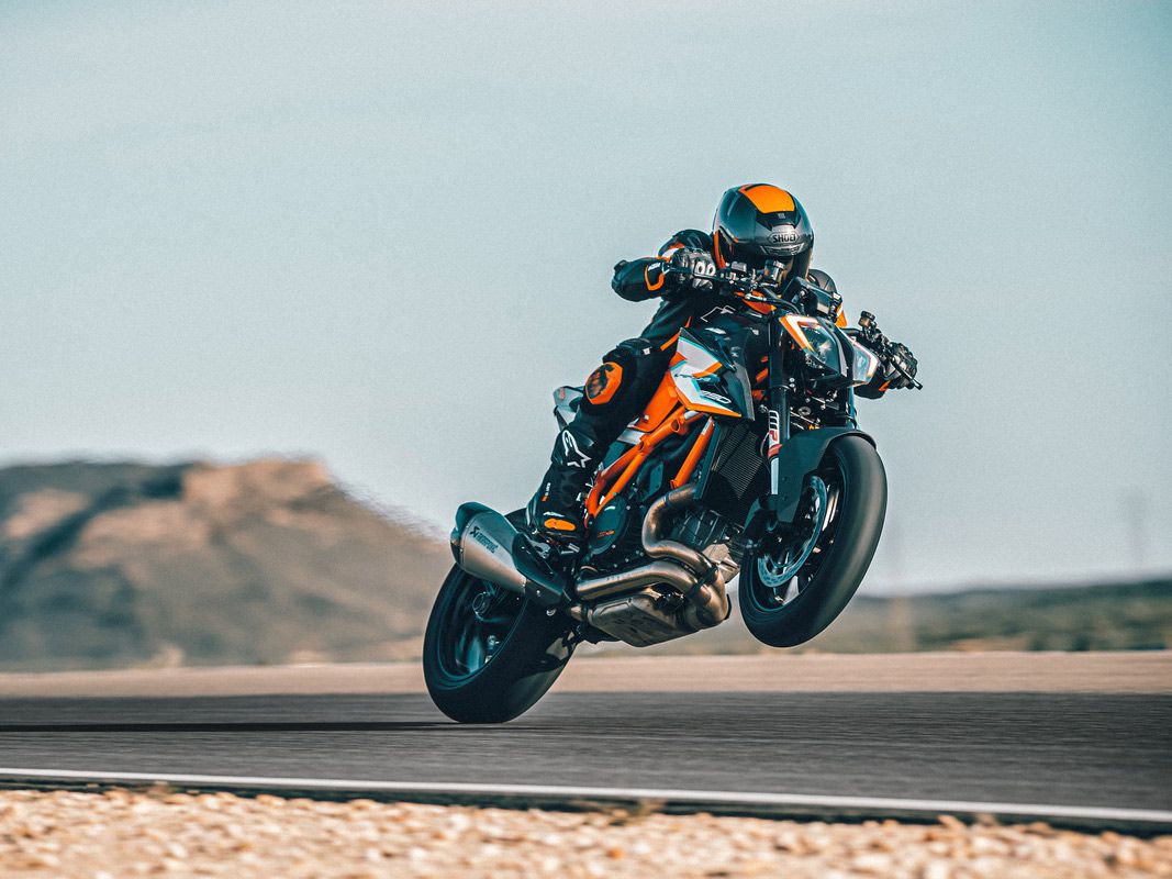 KTM’s 1290 Super Duke R popping a wheelie