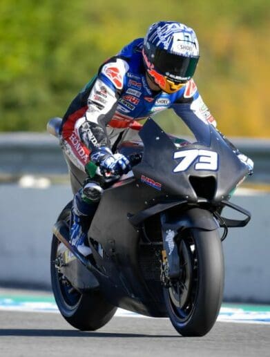 A view of Alex Marquez trying out the new 2022 HRC prototype