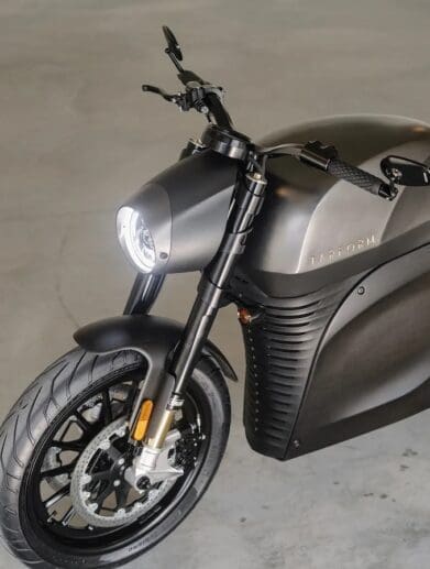 A view of the new sustainable electric motorcycle from Tarform - currently beginning deliveries