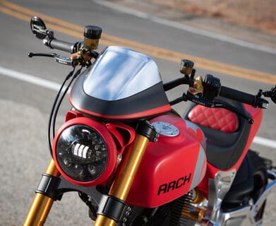 An ARCH KRGT-1 featuring a new Adaptive Motorcycle Headlight™ from JW Speakers