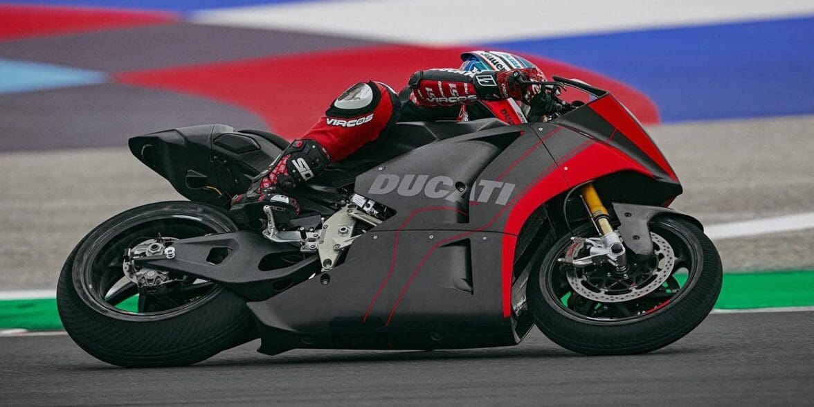 A side view of the Ducati electric prototype on the track