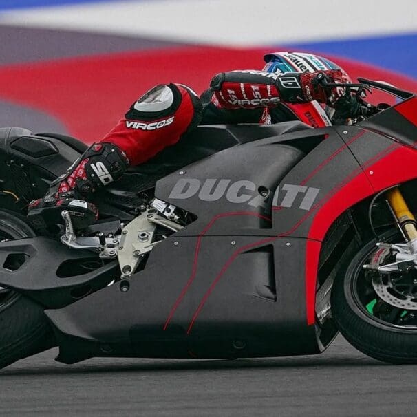 A side view of the Ducati electric prototype on the track