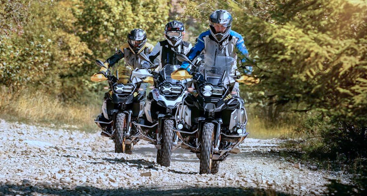 A view of several BMW Motorcycles going on a rumble 