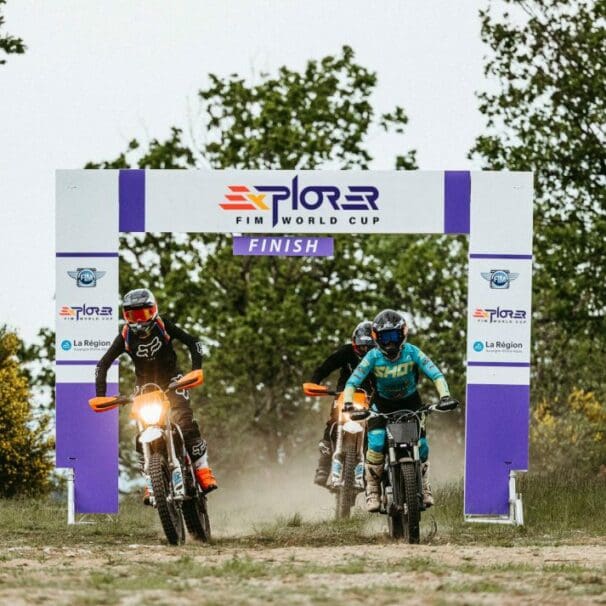 A view of off-roading motorcycles, with media used to depict the re-integration of racing team Mugen into the all-new electric off-roading series, E-Xplorer