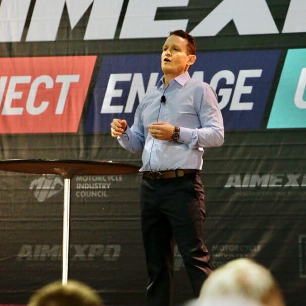 Ricky Carmichael, motocross legend, speaking at the 2022 AIMExpo educational platform, DISRUPTIVE THINKING