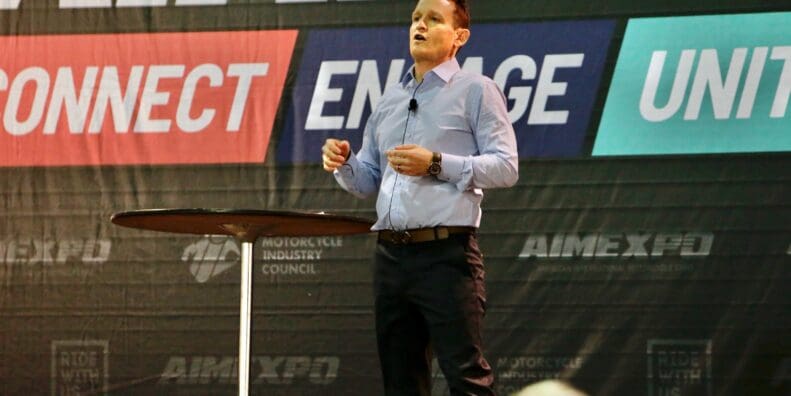 Ricky Carmichael, motocross legend, speaking at the 2022 AIMExpo educational platform, DISRUPTIVE THINKING