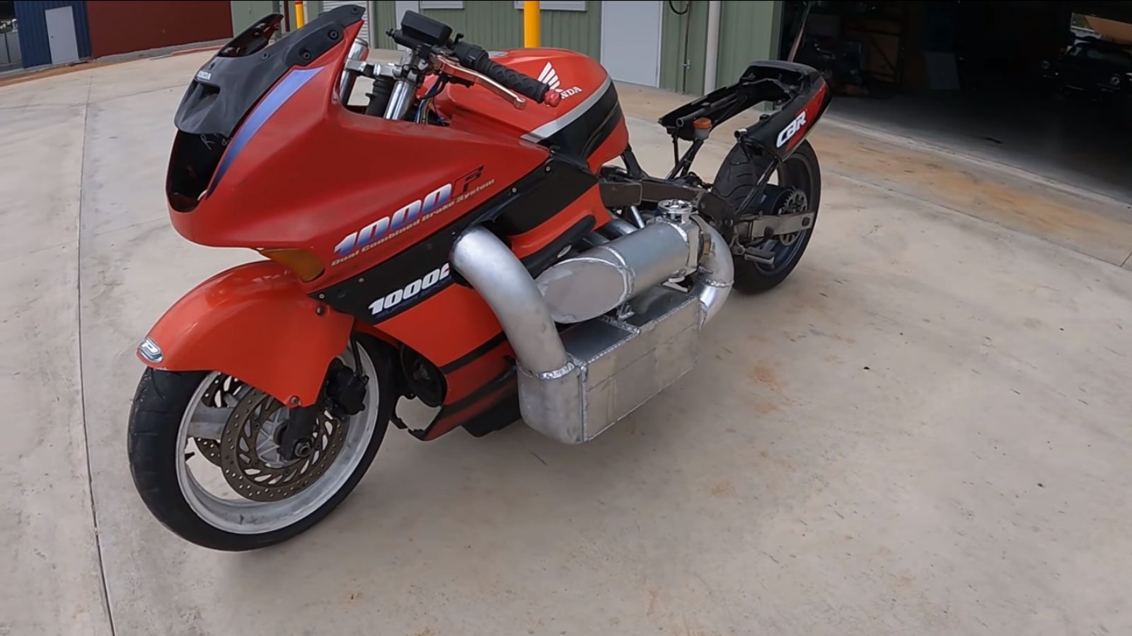 A view of a Honda CBR1000F Hurricane sporting a Honda minivan engine that's been turbo'ed