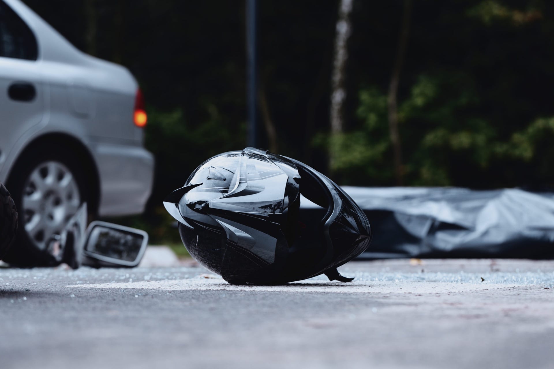 A view of a motorcycle helmet on the road