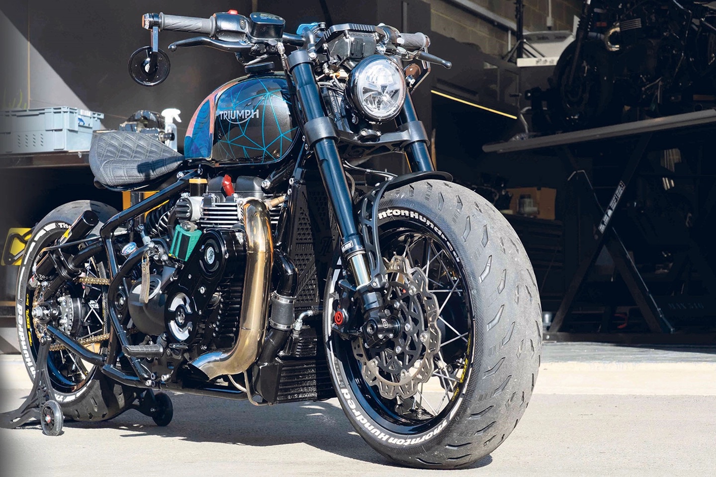 A view of the all-new custom Triumph Bonneville Bobber from the custom shop of Thorton Hundred.