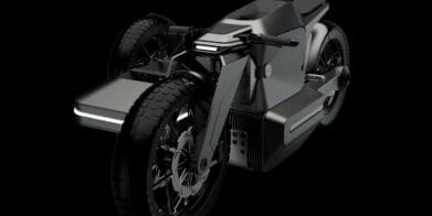 A view of the new AOE Bike from AOEMobility - including a sidecar with optional extended battery range.