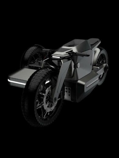 A view of the new AOE Bike from AOEMobility - including a sidecar with optional extended battery range.