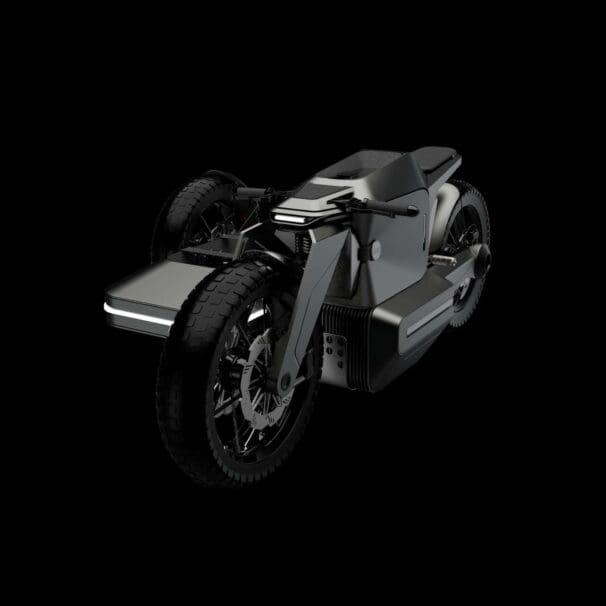 A view of the new AOE Bike from AOEMobility - including a sidecar with optional extended battery range.