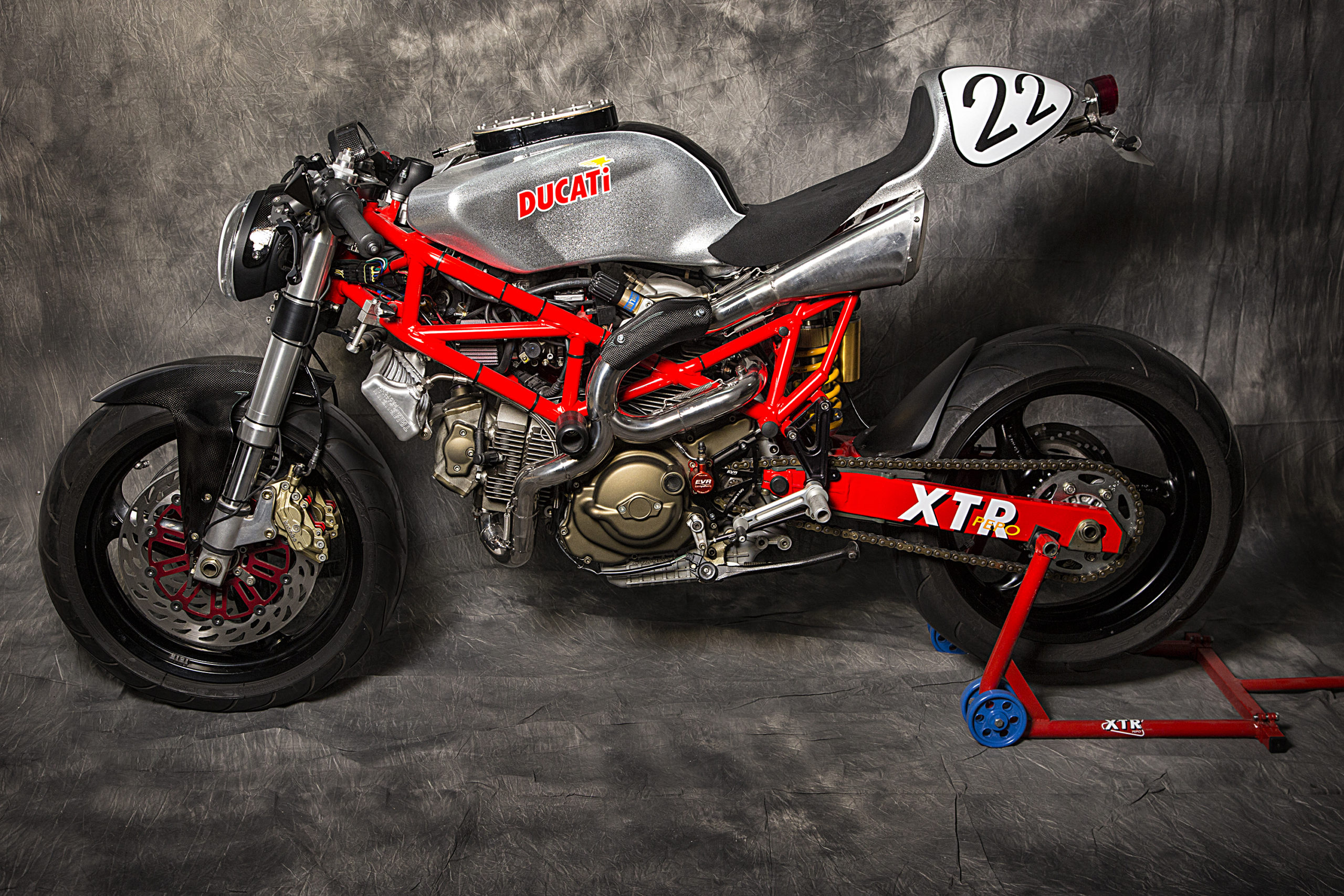 A view of the 2003 Ducati Monster 1000 courtesy of XTR Pepo that was outfitted to the extreme for both the road and the track