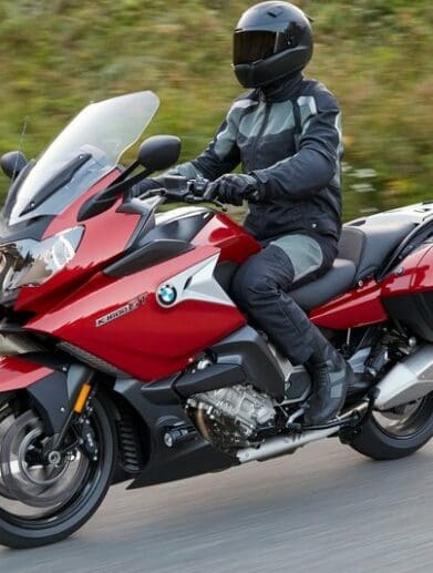 A side view of a 2019 BMW K 1600 GT on the road