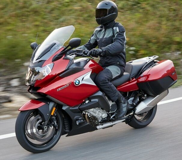 A side view of a 2019 BMW K 1600 GT on the road